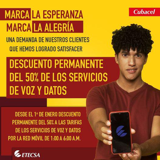 ETECSA MANTIENE DESCUENTO PERMANENTE DE 50% EN SERVICIOS DE VOZ Y DATOS ENTRE 1 Y 6 AM