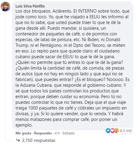 Luis Silva (Pánfilo) al gobierno cubano: "¿Es el bloqueo? Nooooo. Es la Aduana Cubana" Luis Silva (Pánfilo) al gobierno cubano: «¿Es el bloqueo? Nooooo. Es la Aduana Cubana»