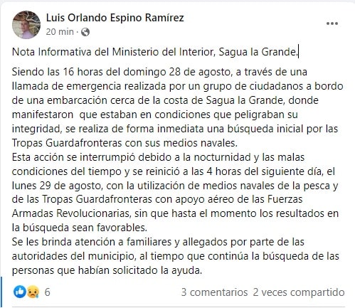 Minint busca a cubanos perdidos en embarcación en costas de Sagua la Grande Minint busca a cubanos perdidos en embarcación en costas de Sagua la Grande