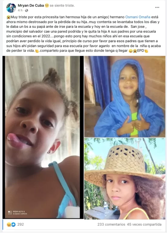 Muere niña cubana víctima del desplome de una pared de su escuela a solo tres días de haber iniciado el curso escolar