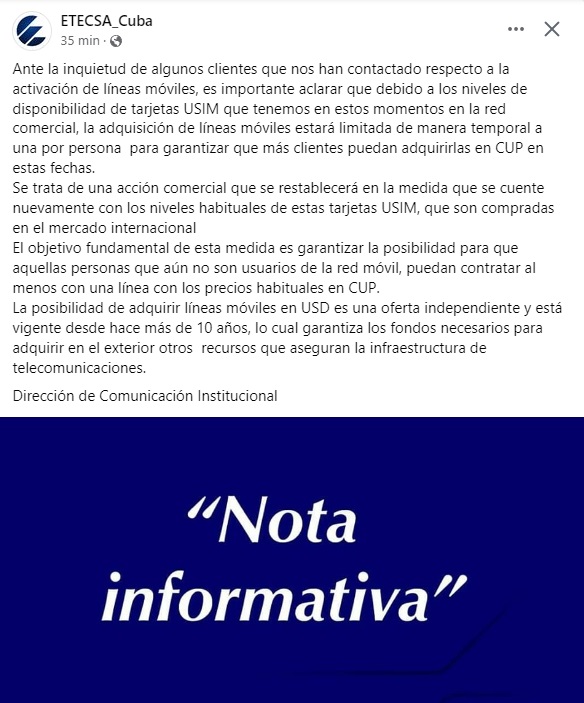 Etecsa dice que cobra líneas móviles en USD para garantizar infraestructura