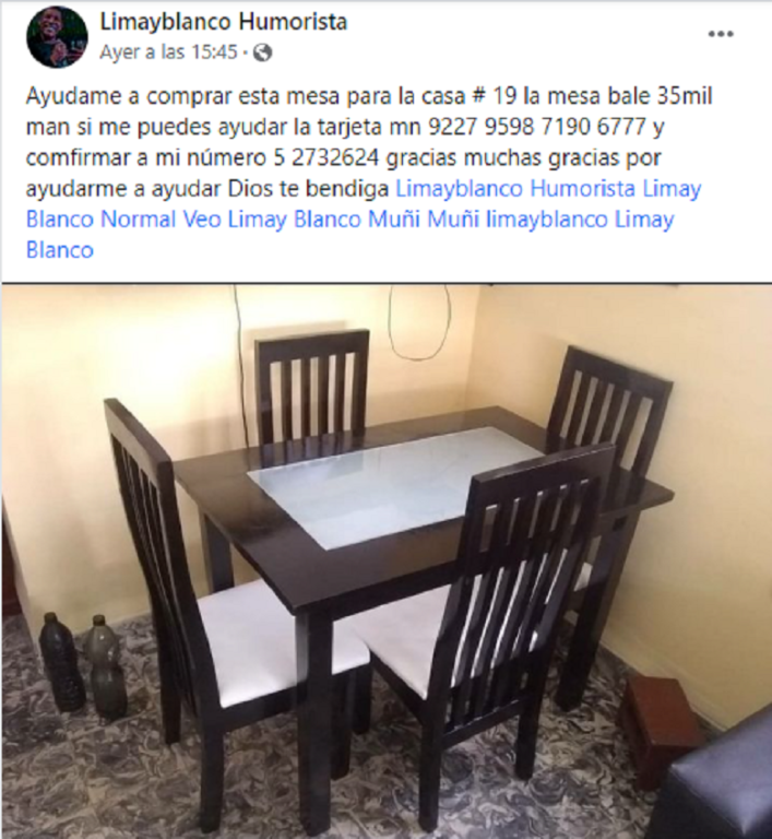 Limay Blanco pide ayuda para comprar costosa mesa y sillas, pero le llueven las criticas Limay Blanco pide ayuda para comprar costosa mesa y sillas, pero le llueven las criticas