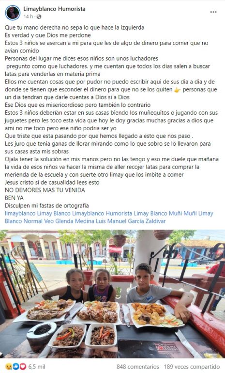 Limay Blanco da de comer a tres niños necesitados