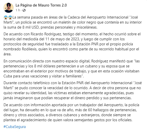 Policía entrega maletín con 8000 USD a sus dueños en aeropuerto de La Habana Policía entrega maletín con 8000 USD a sus dueños en aeropuerto de La Habana