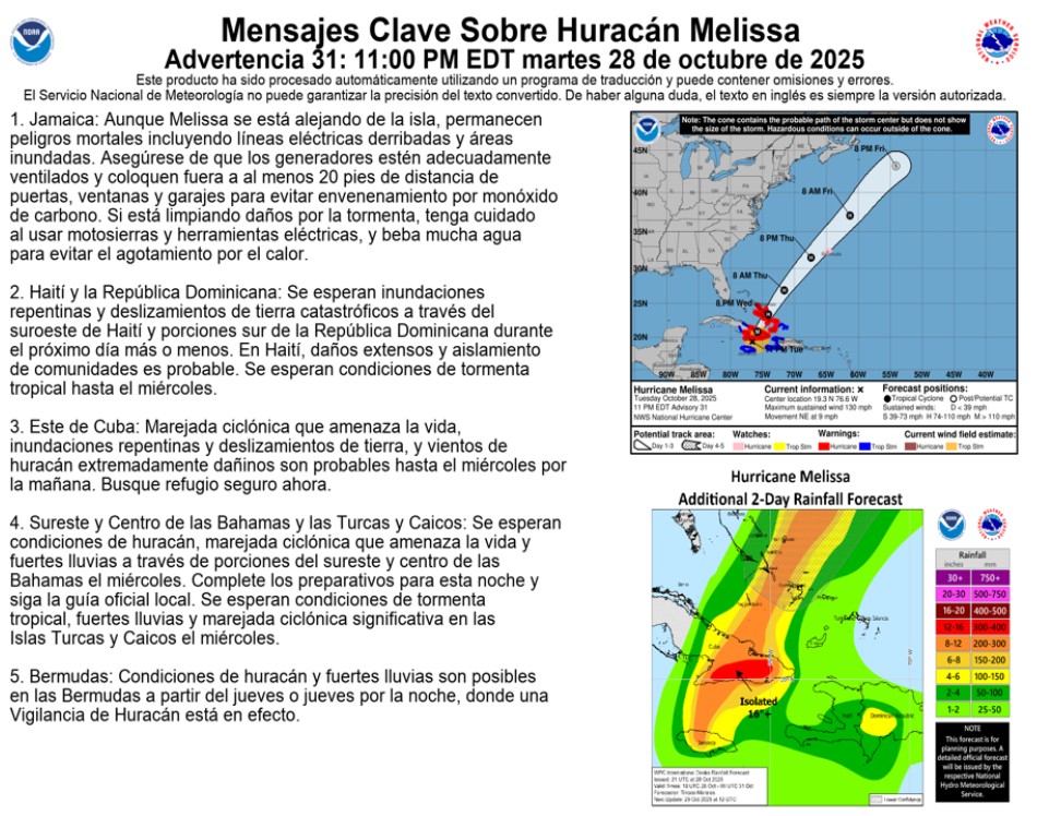 El huracán Melissa recupera fuerza y regresa a categoría 4 cerca del oriente cubano / (NHC) – Aviso No. 31