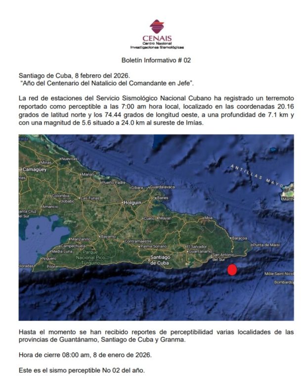 Sismo de magnitud 5.6 sacude el oriente de Cuba este 8 de febrero
