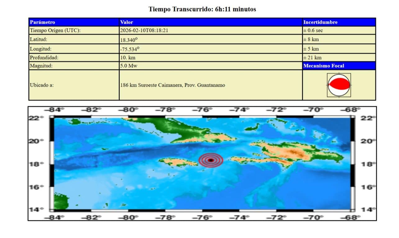 Sismo de magnitud 5.0 sacude el oriente de Cuba durante la madrugada
